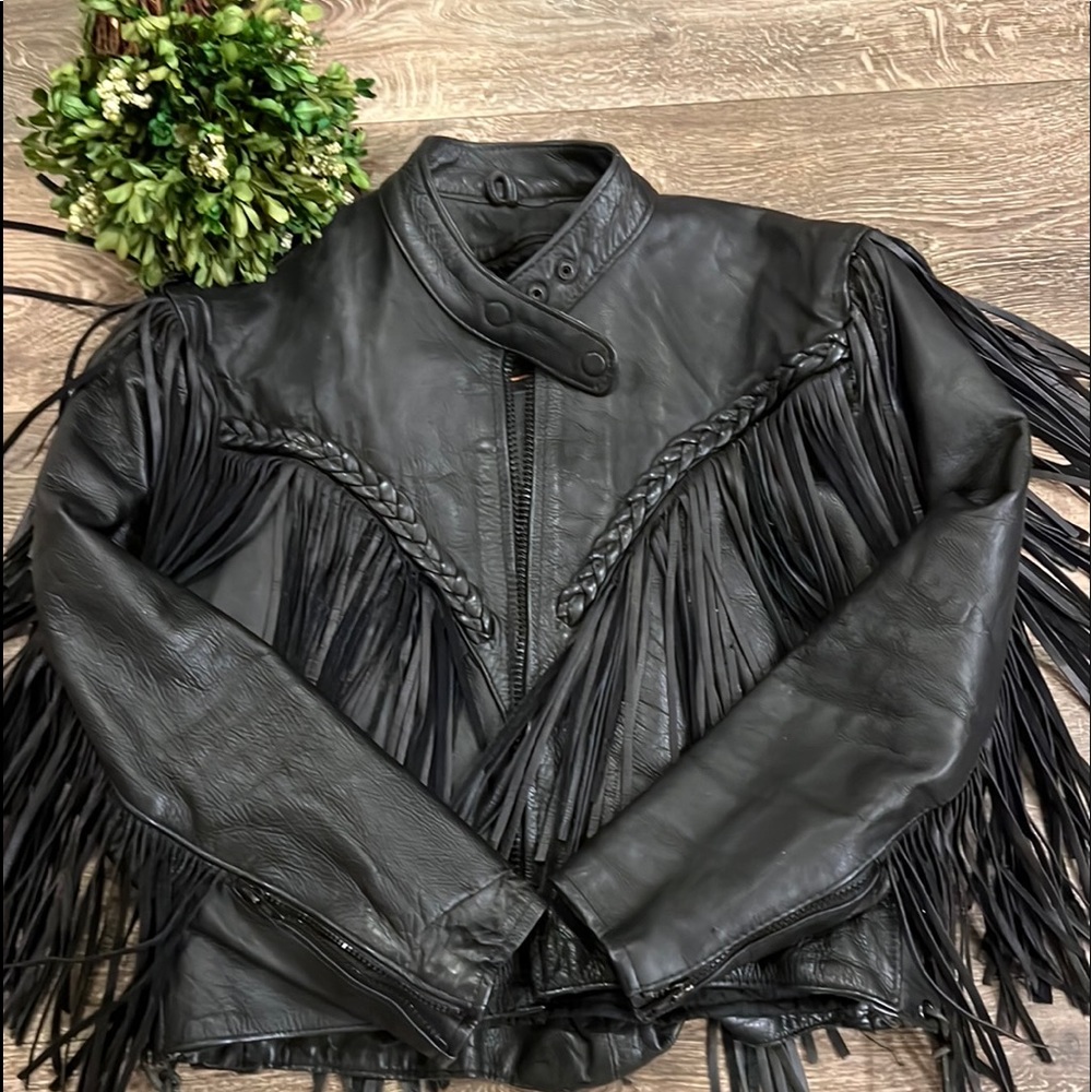 Vintage 80s 90s Black Diamond Leather Sz 12 Fringe Motorcycle Biker Jacket Coat